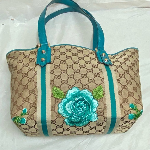 (SOLD) Vintage, Gucci, Rare, GG Coated Canvas with Teal Leather Shoulder Strap - Picture 5 of 12